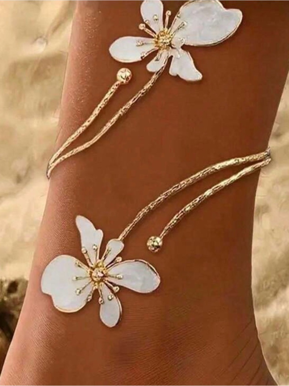 Gold & White Floral Anklet Set